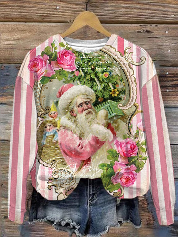 Women's Pink Vintage Santa Print Sweatshirt