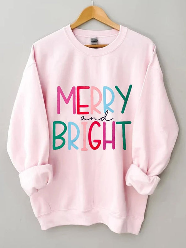 Pink Merry And Bright Holiday Print Casual Sweatshirt