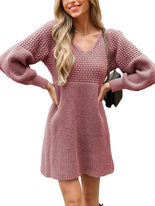 Women's V-Neck Puff Sleeve Pleated Knit Dress(BUY 2 FREE SHIPPING)